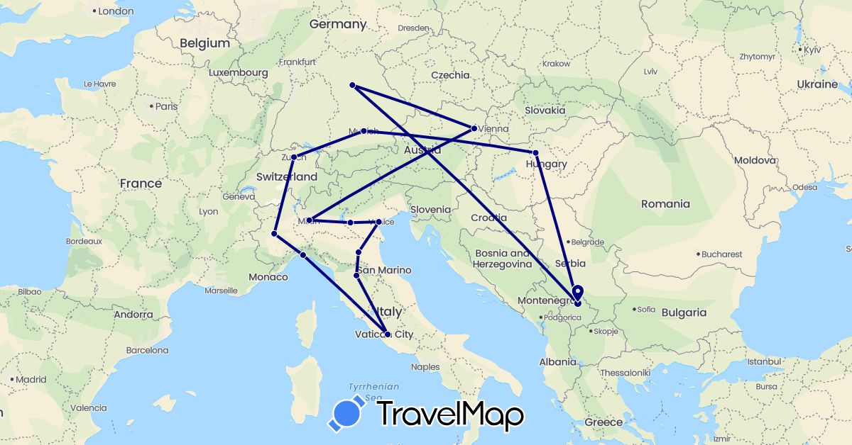 TravelMap itinerary: driving in Austria, Switzerland, Germany, Hungary, Italy, Kosovo (Europe)